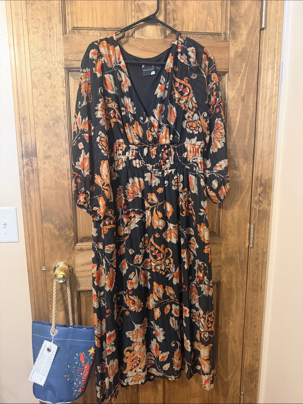 Maison Tara Black Floral Midi Dress with Orange and Cream Accents